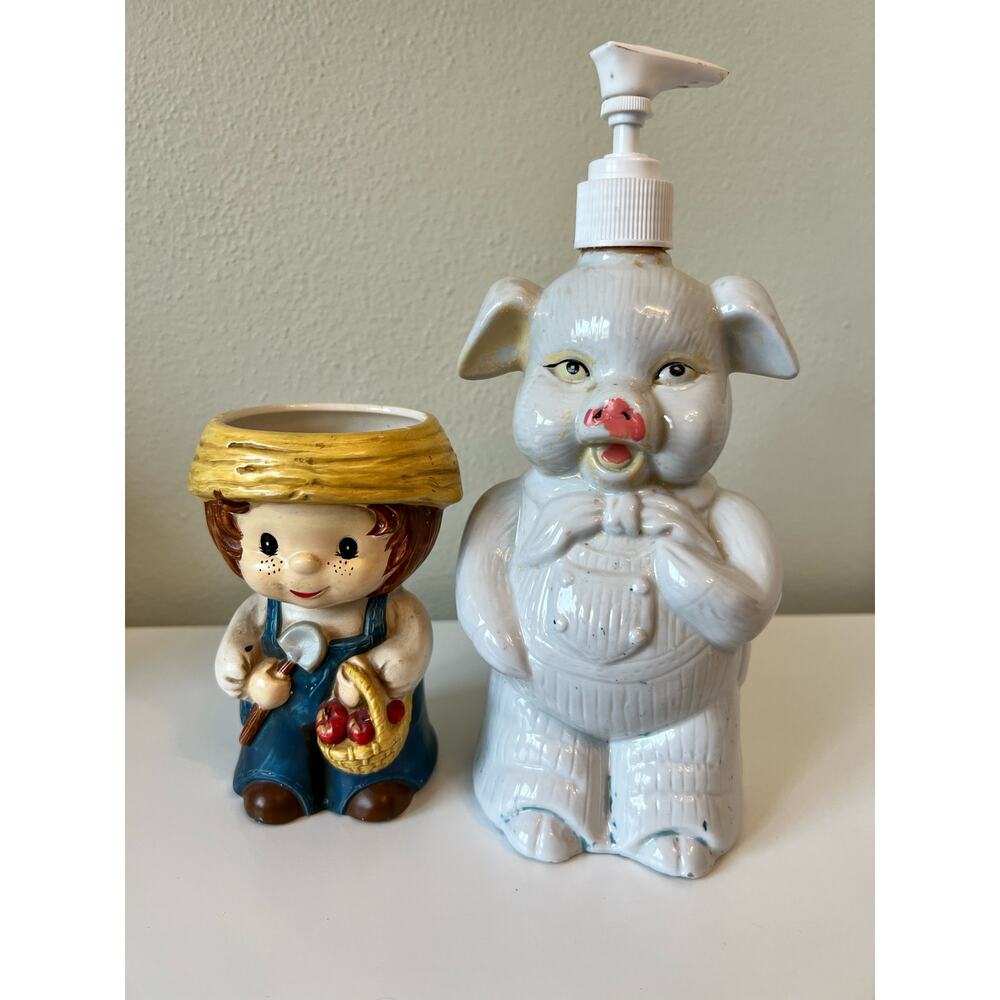 Vintage Ceramic Pig Soap Dispenser and Gardener Planter Pot Made in Japan